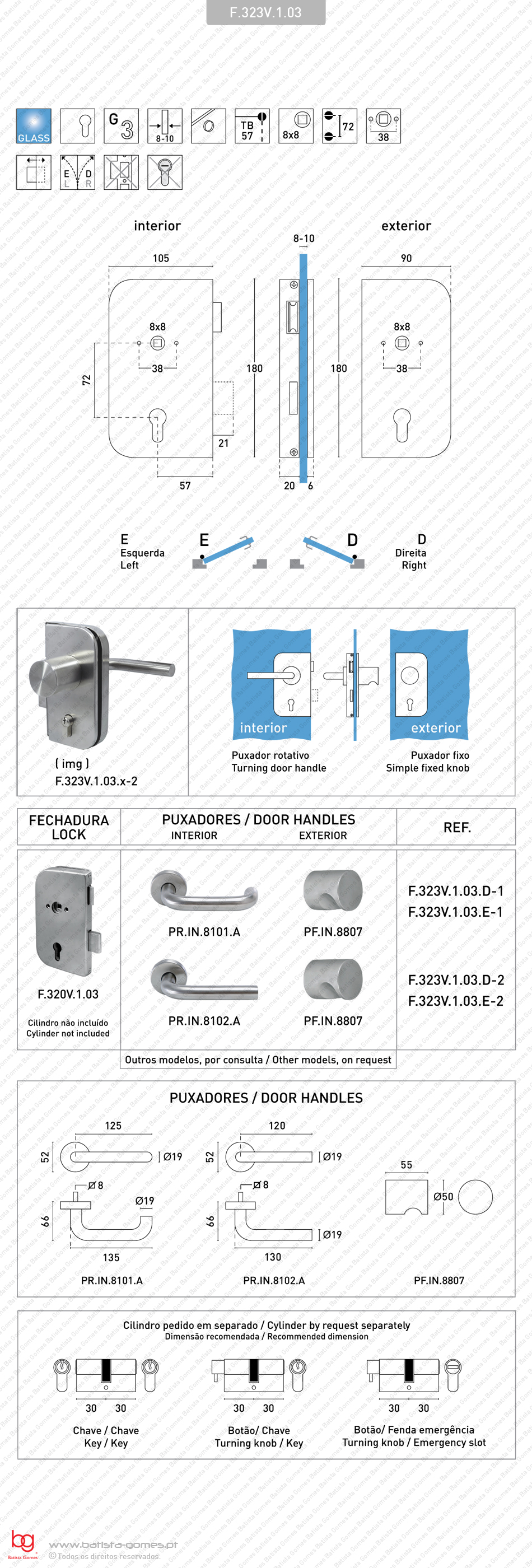 Fechadura para porta de vidro - conjuga com puxadores Fixo / Rotativo